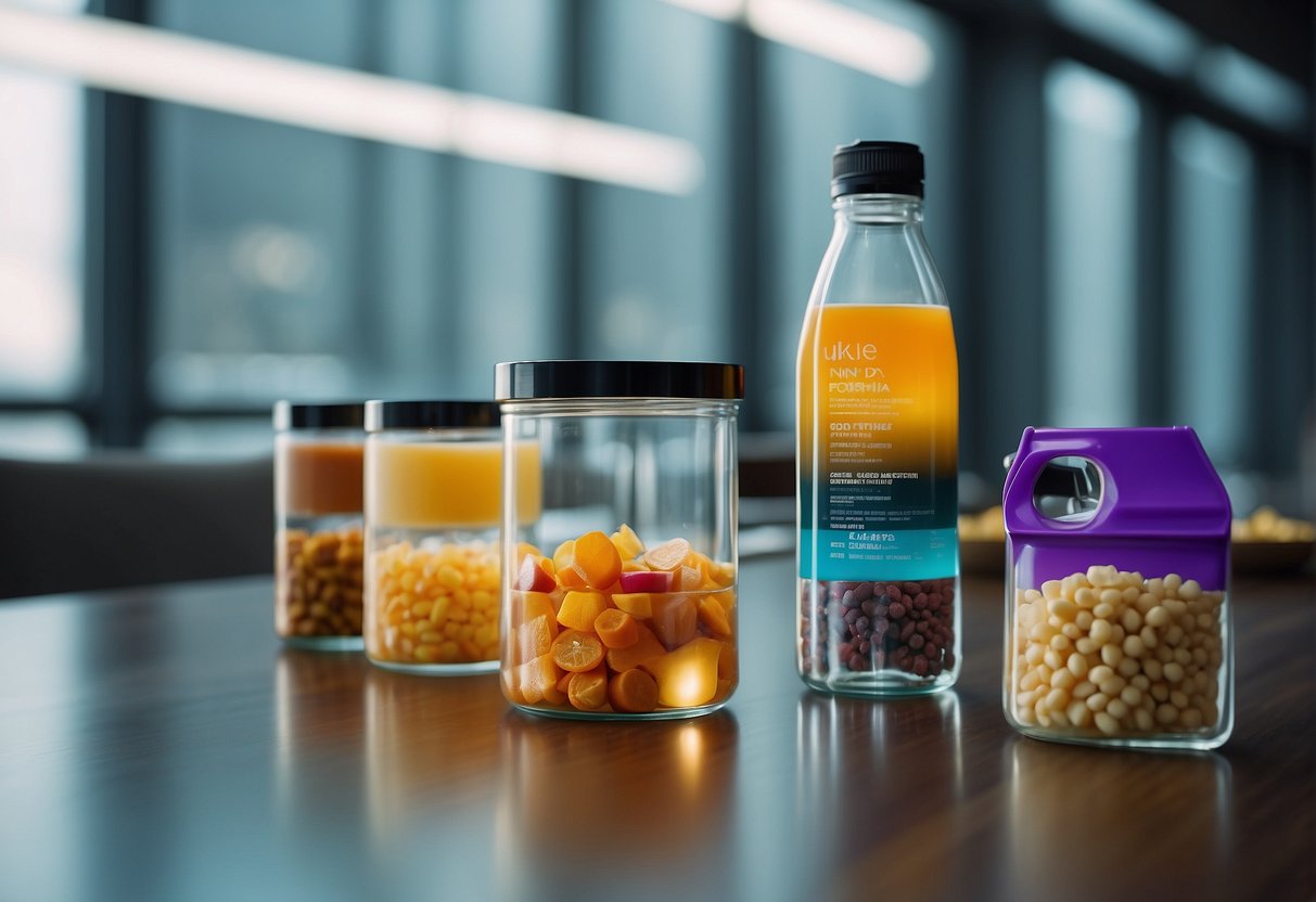 A futuristic dining table displays a variety of colorful, dehydrated and vacuum-sealed space food packages. A floating utensil and a drink pouch add to the futuristic vibe