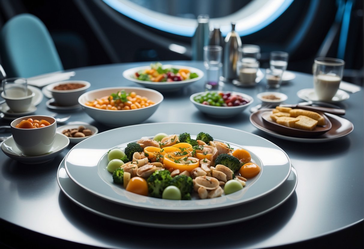 A futuristic dining table floats in a zero-gravity environment, showcasing a variety of colorful and neatly arranged space food dishes, with cutting-edge technology and packaging