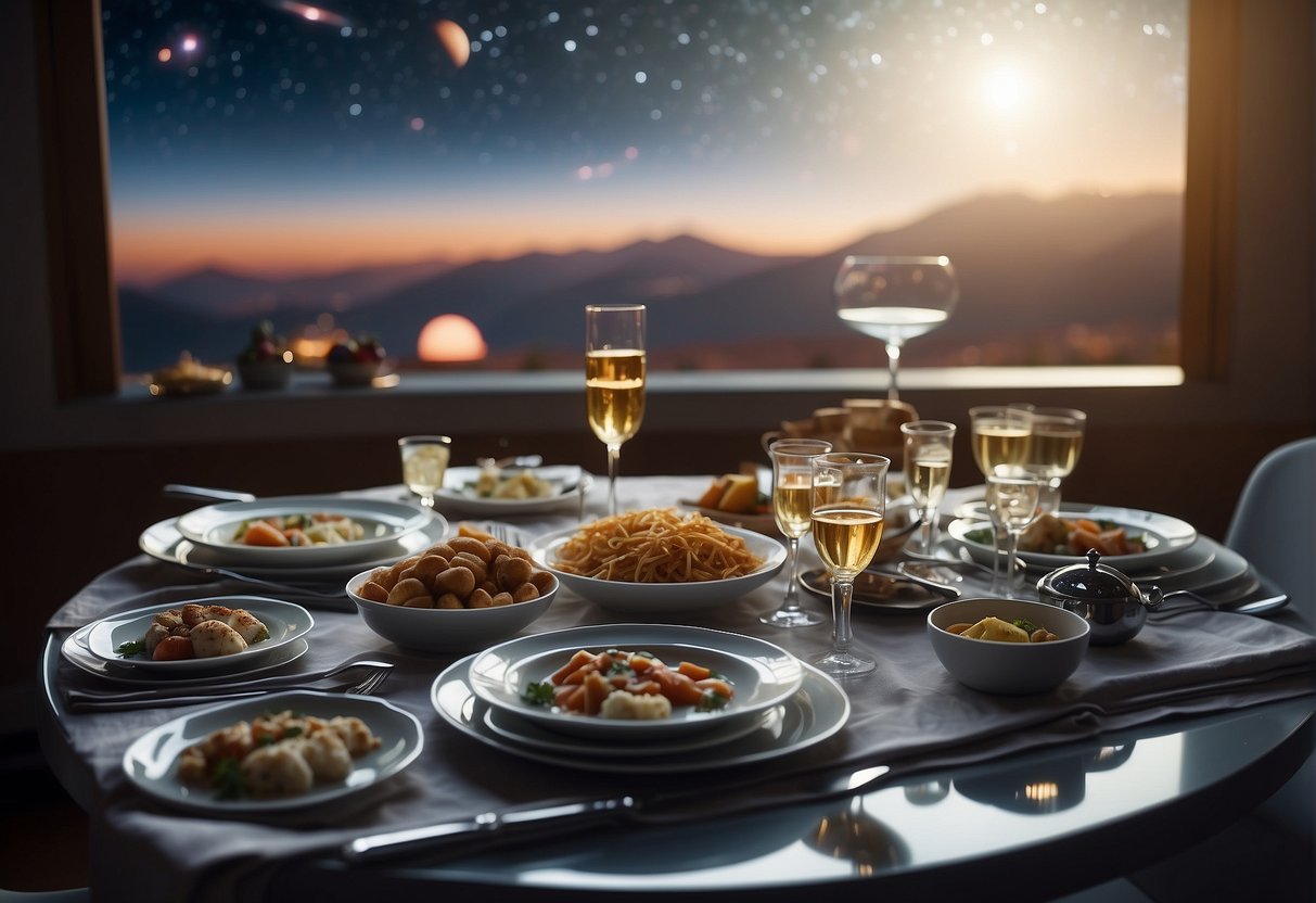 A table set with futuristic space-themed dishes, surrounded by floating utensils and holographic menus. A window reveals a view of distant planets and stars