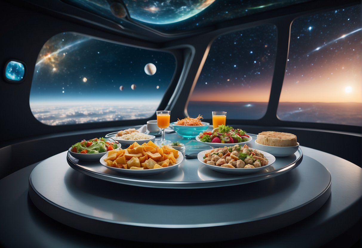 A table floats in zero gravity, displaying futuristic space cuisine. A holographic menu hovers above, showcasing a variety of colorful, nutrient-rich dishes. A window reveals the vast expanse of space outside