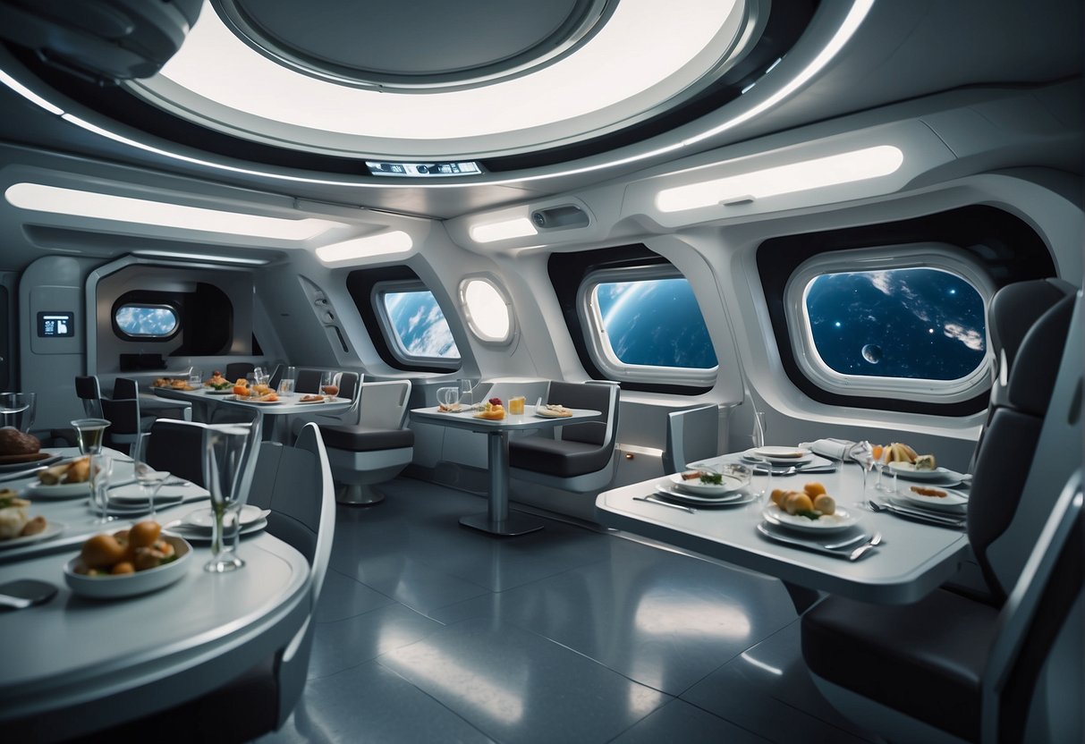 A sleek, futuristic dining area in a space station, with floating food and drink containers, and advanced cooking equipment for preparing space cuisine