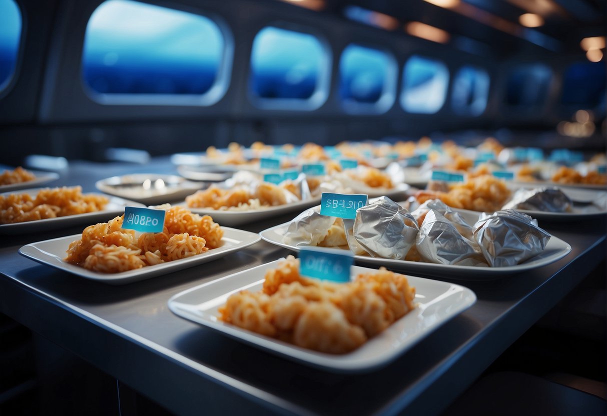 Space cuisine FAQ scene: Floating food packets, labeled with cosmic symbols, drift in zero gravity. A futuristic dining area displays space-themed dishes