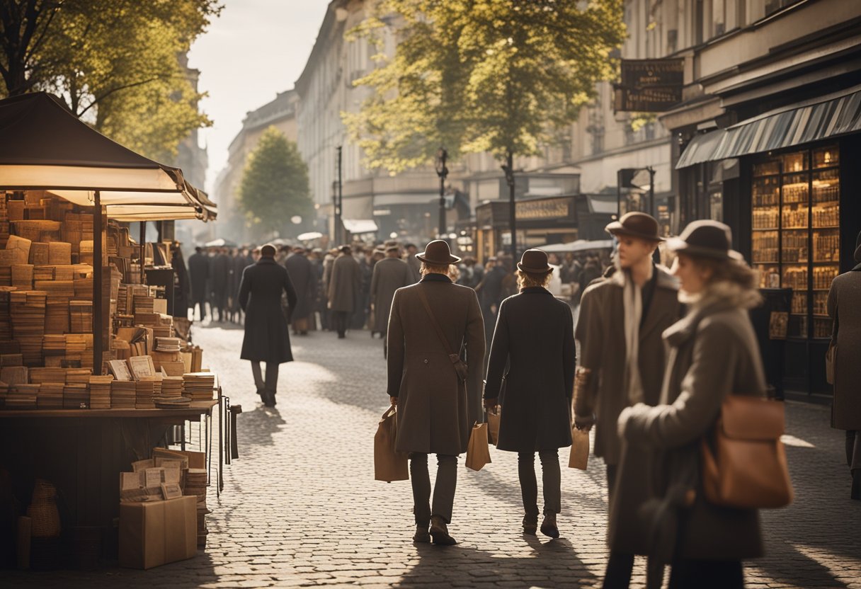 A bustling German street with "Babylon Berlin" posters on every corner, people discussing the show in cafes, and a bookstore display featuring the novel