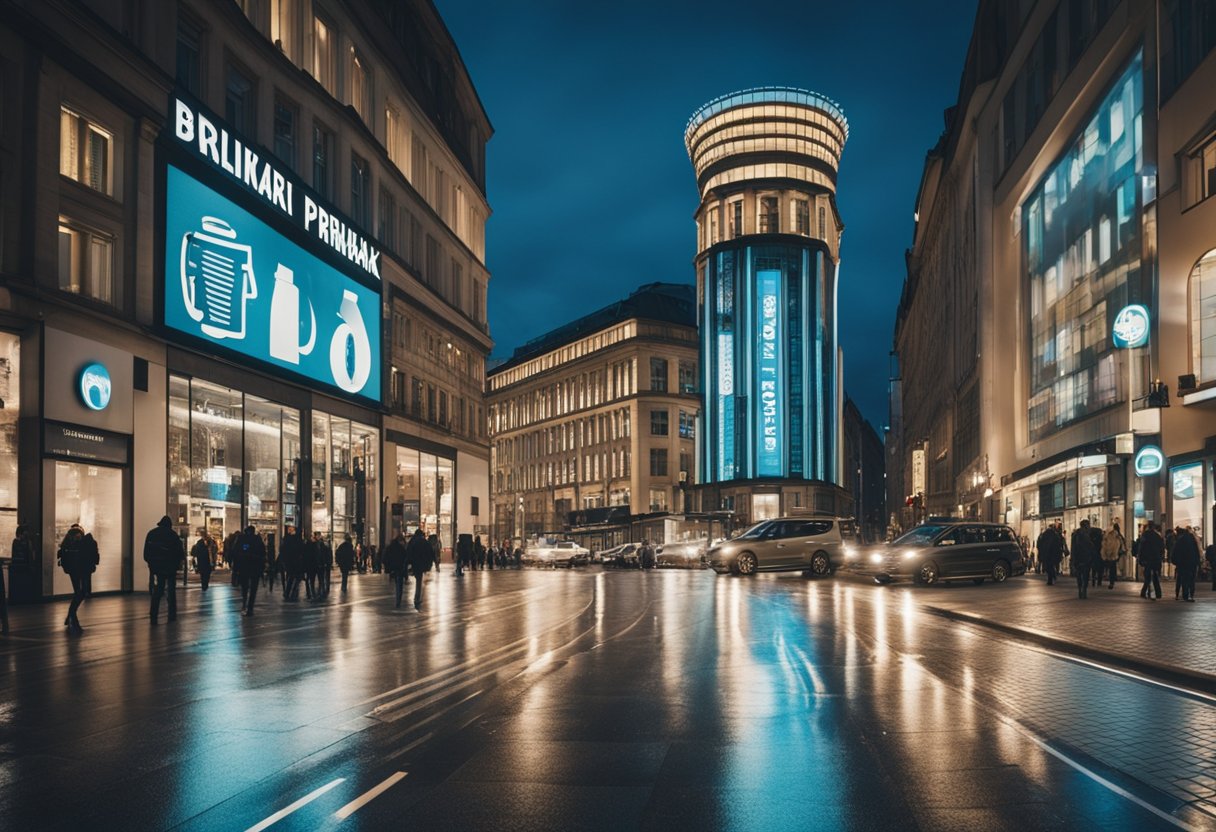 A bustling city street in Berlin, Germany, with a prominent Primark storefront and vibrant pedestrian activity