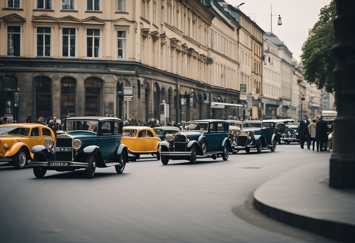 A bustling 1920s Berlin street scene with iconic architecture and vintage cars, capturing the vibrant energy of the city during the time period