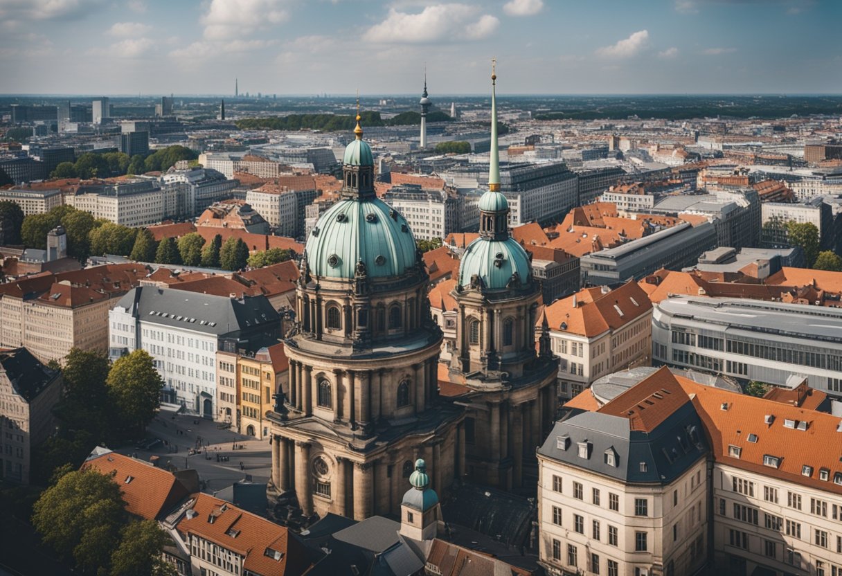 Die Szene zeigt eine historische Berliner Kirche mit einem markanten Kirchturm, umgeben von alten Gebäuden und einer belebten Stadtlandschaft