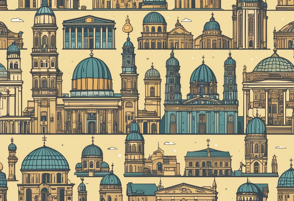 Religion in BerlinDie Szene zeigt eine vielfältige religiöse Landschaft in Berlin, Deutschland, mit verschiedenen religiösen Symbolen und Gebetsstätten, einschließlich Kirchen, Moscheen, Synagogen und Tempeln
