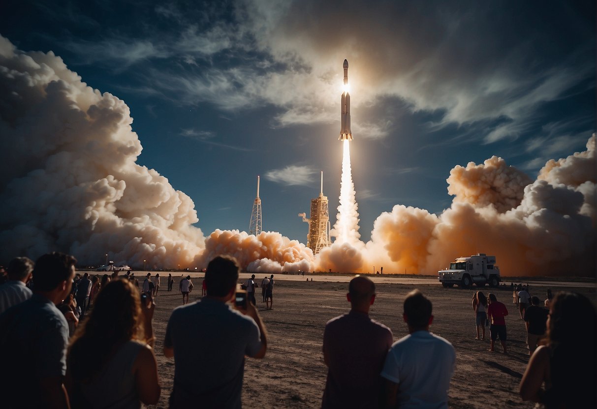 A rocket launches from Earth towards the moon, surrounded by commercial space vehicles and tourists. The moon looms large in the background, with a sense of excitement and competition in the air