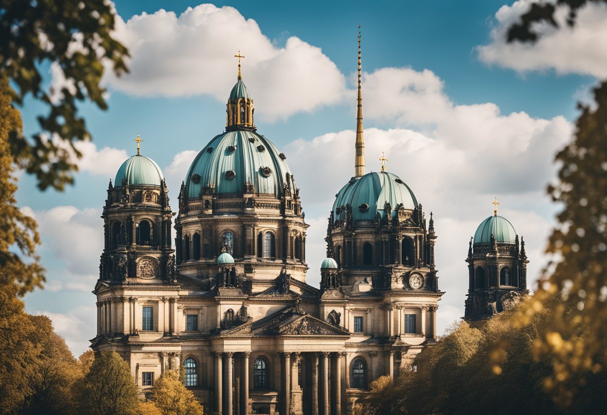 A grand cathedral stands tall in the heart of Berlin, its ancient spires reaching towards the sky, a symbol of the city's rich history and enduring faith