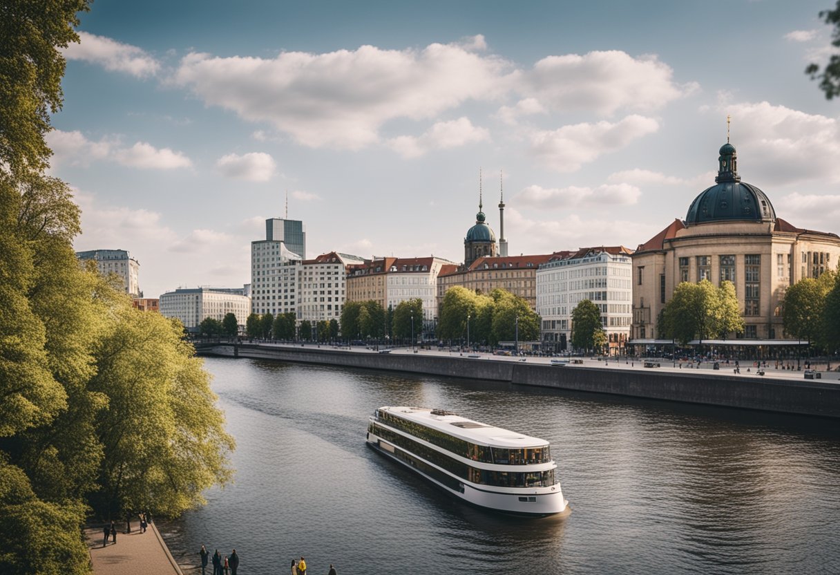 Busy streets with modern buildings and historical architecture surrounding the Spree River, with people walking along the banks in Berlin, Germany