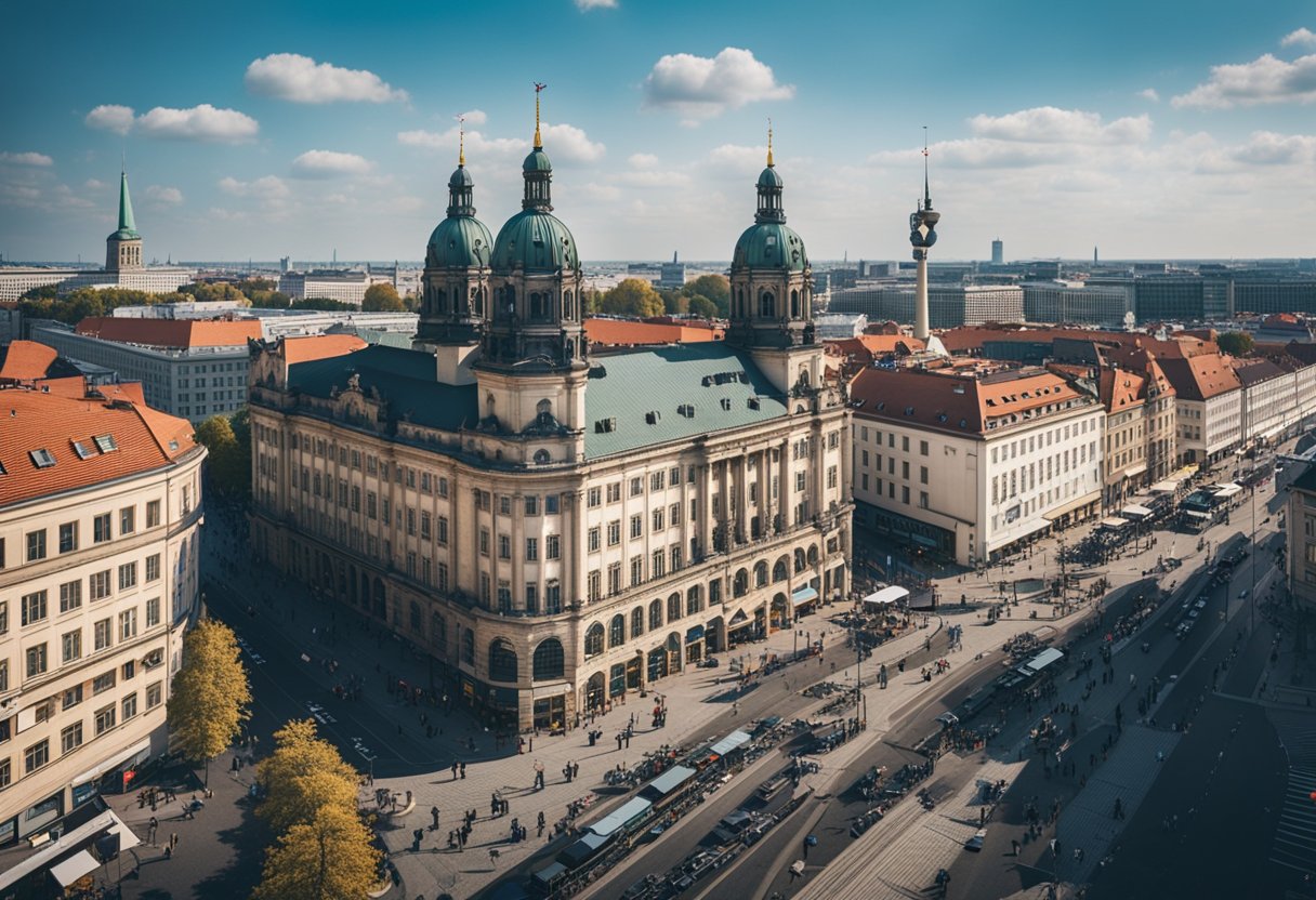 A bustling Berlin street with a mix of modern and historic architecture, filled with people of diverse backgrounds and cultures. The city's vibrant energy and rich history are evident in the bustling atmosphere