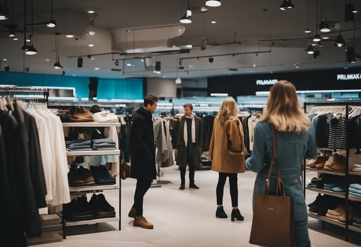 Kunden stöbern in den Regalen, probieren Kleidung an und tragen Primark-Einkaufstaschen in einem belebten Berliner Geschäft