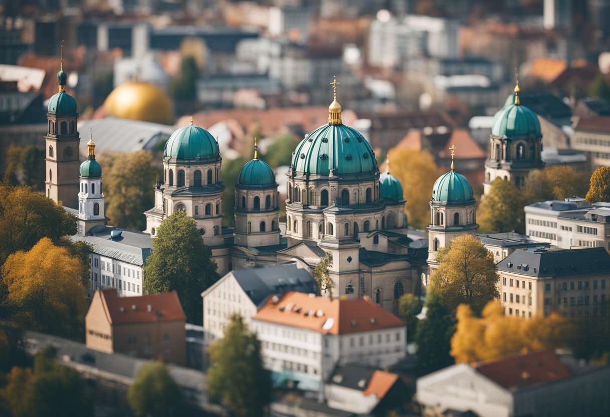 Religion in Berlin: The scene depicts a diverse array of religious symbols and buildings scattered throughout Berlin, showcasing the city's multicultural and inclusive approach to religion in its public and social spheres