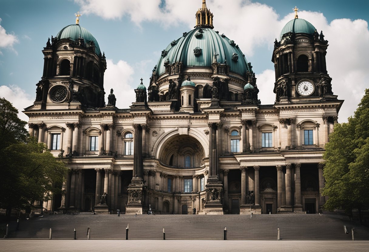 In Berlin, Deutschland, erhebt sich eine große Kathedrale, die ihre alte Architektur und historische Bedeutung unter Beweis stellt