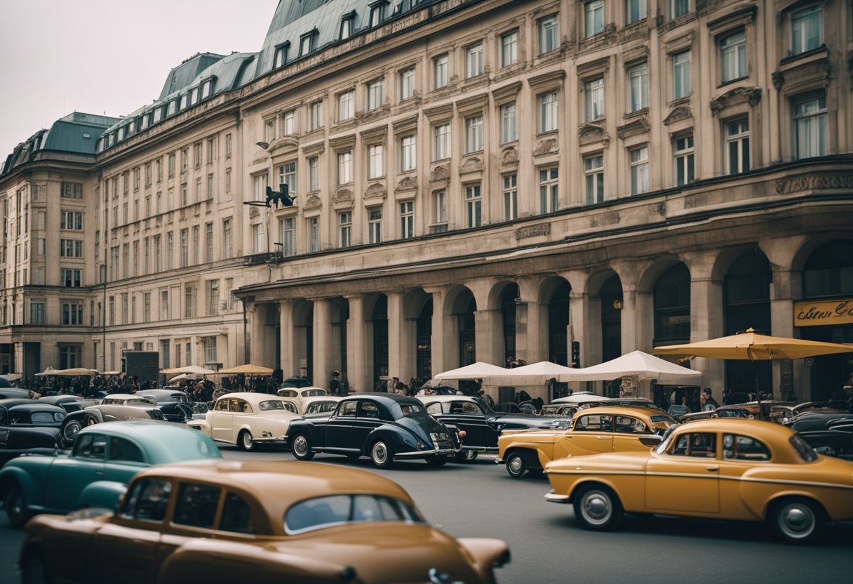 A bustling Berlin street with vintage cars, art deco architecture, and a mix of traditional and modern elements. The scene exudes a sense of glamour and intrigue, capturing the essence of Babylon Berlin's popular themes and aesthetics in Germany
