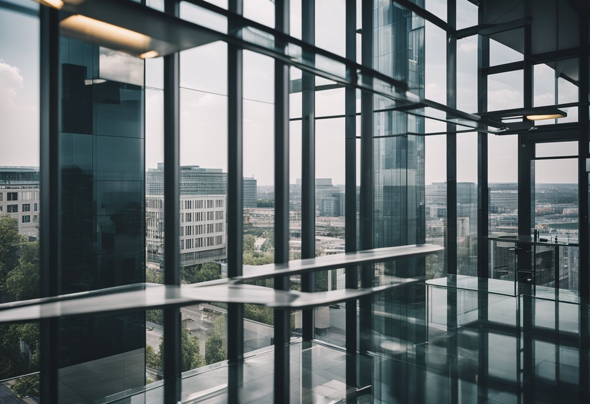 Mehrere moderne Banken in Berlin, Deutschland, mit schlichter Architektur und geschäftigem Treiben