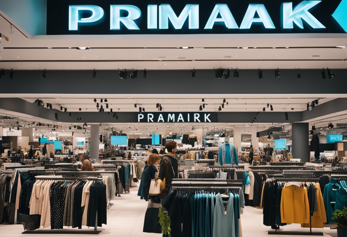 Primark-Filiale in Berlin, Deutschland. Hell beleuchteter Innenraum mit farbenfrohen Auslagen für Kleidung und Accessoires. Viele Kunden stöbern in den Regalen und probieren Kleidung an.