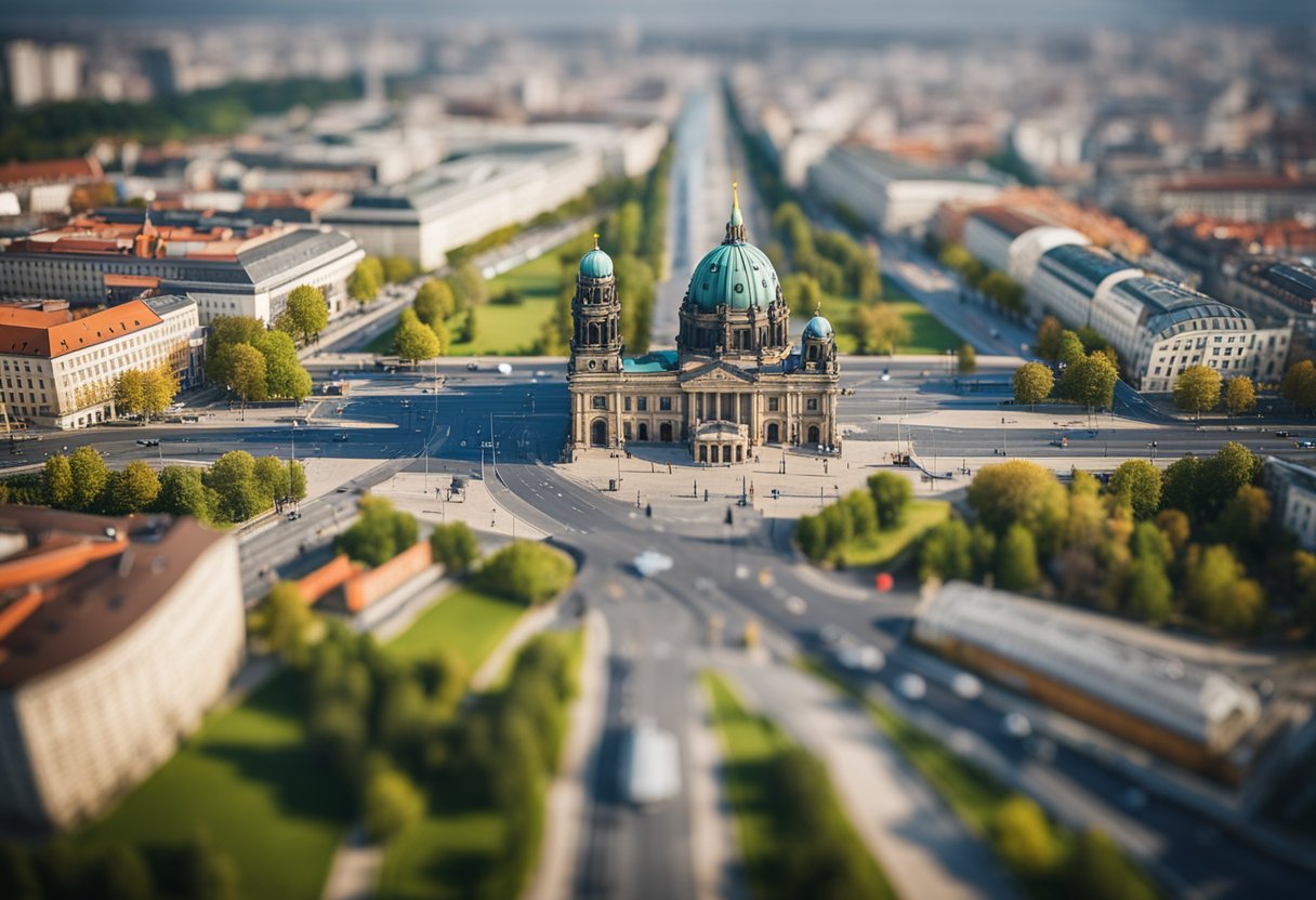 Religion in Berlin: Berlin's religious influence spreads globally. Show a map of Germany with Berlin as the focal point, radiating lines symbolizing the impact of its main religion on the country and the world