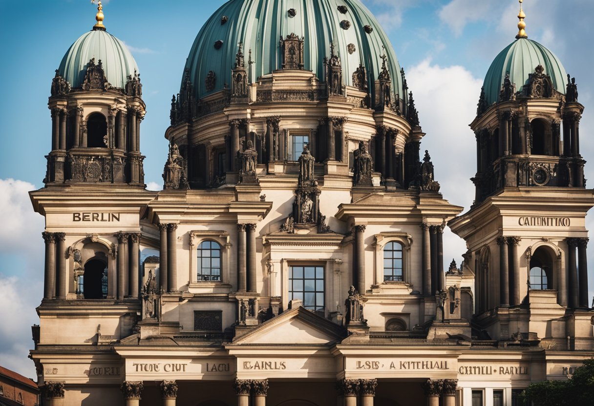 The ornate facade of Berlin's oldest cathedral, adorned with intricate Gothic details and towering spires, stands against the backdrop of a bustling cityscape