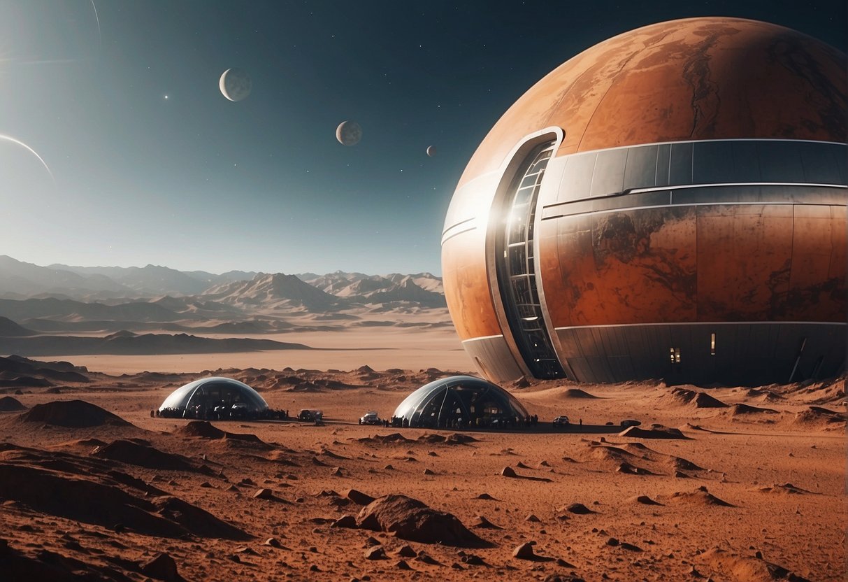 A red planet looms large in the sky, with futuristic space shuttles and domed habitats dotting the rugged Martian landscape