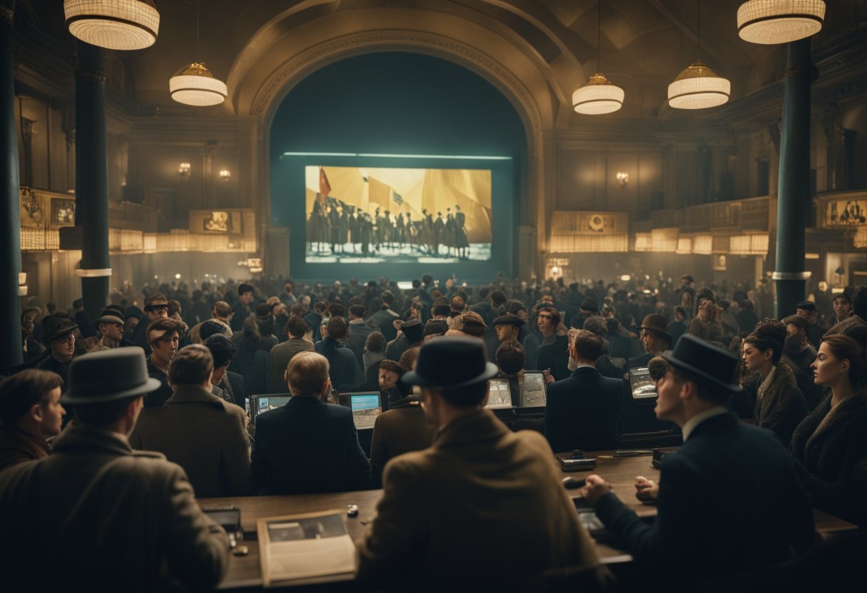 A group of people gathered around a screen, eagerly watching the show "Babylon Berlin" with excitement and enthusiasm. Flags and posters of the show are displayed around the room, indicating a strong sense of fandom and engagement