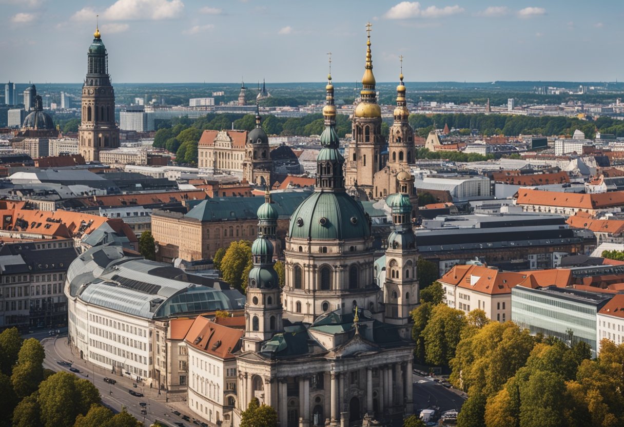 Several historic churches in Berlin, Germany stand tall with intricate architectural details and towering spires, creating a picturesque skyline