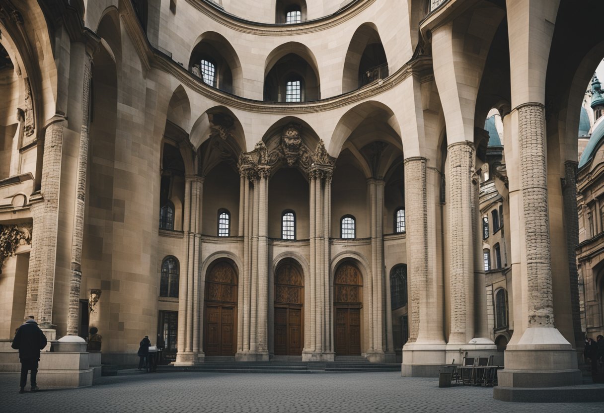 The historic Berlin churches stand tall, each with unique architectural details, surrounded by cobblestone streets and bustling markets