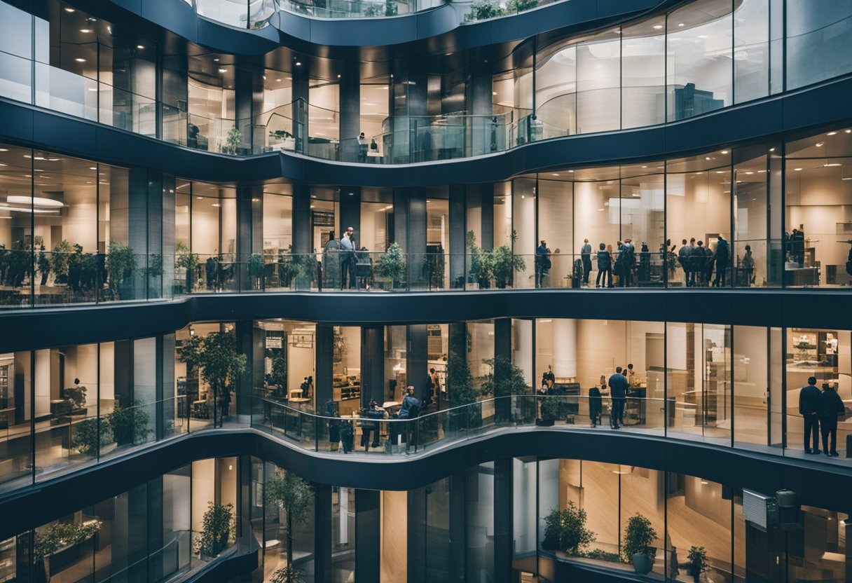 Geschäftige Berliner Banken mit moderner Architektur und emsigen Kunden