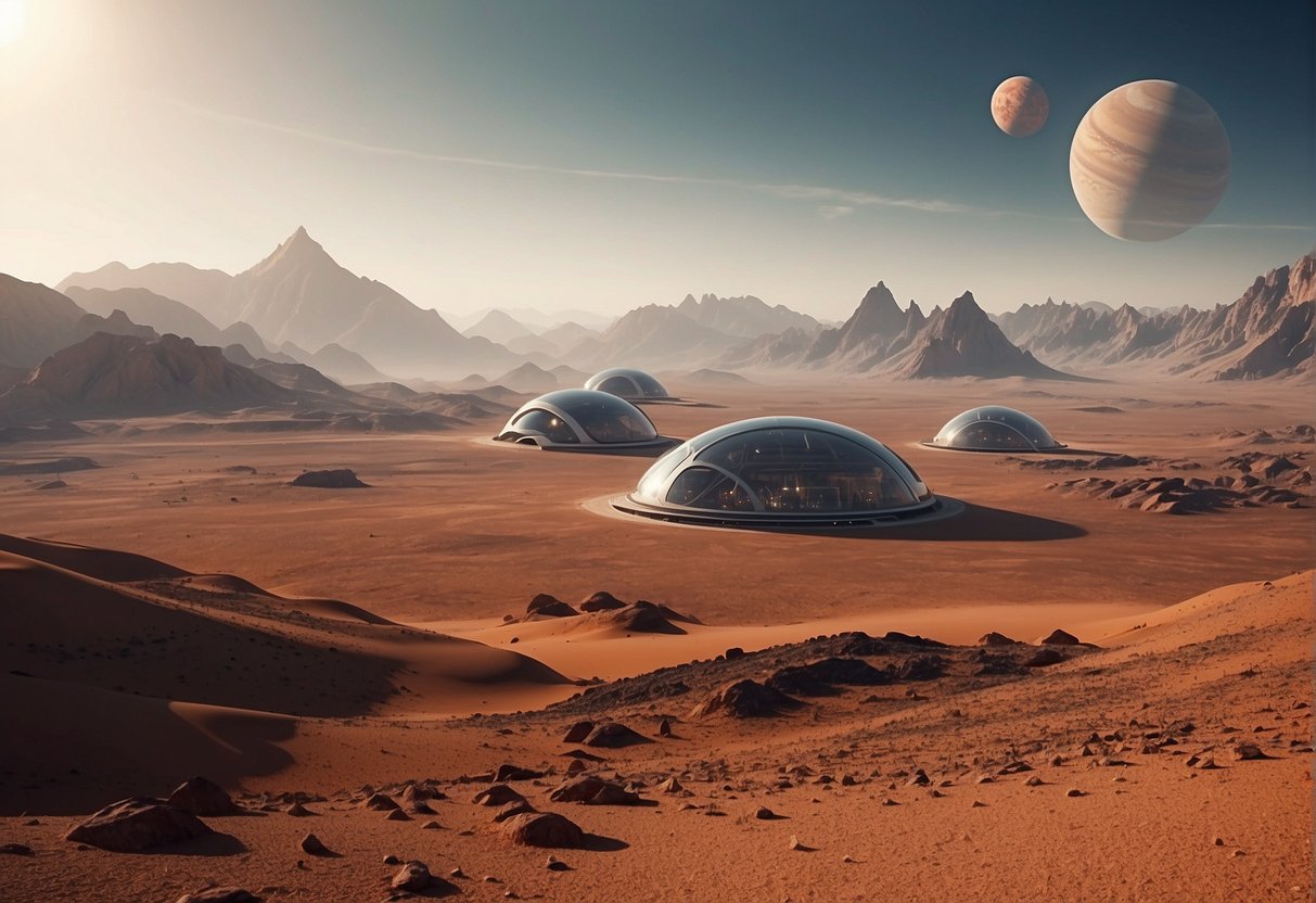 A red planet landscape with towering mountains, dusty plains, and a futuristic tourist resort nestled in the distance