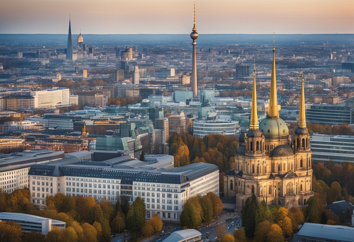 Religion in Berlin: Berliner Skyline mit markanten Kirchen wie dem Berliner Dom und der Kaiser-Wilhelm-Gedächtniskirche. Kreuze und religiöse Symbole sichtbar