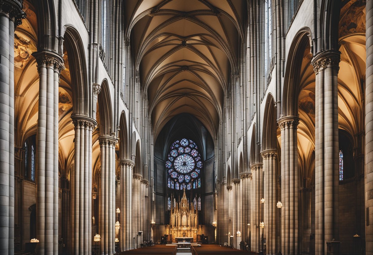 Eine große Kathedrale in Berlin, Deutschland, mit komplizierter gotischer Architektur und reich verzierten Glasfenstern