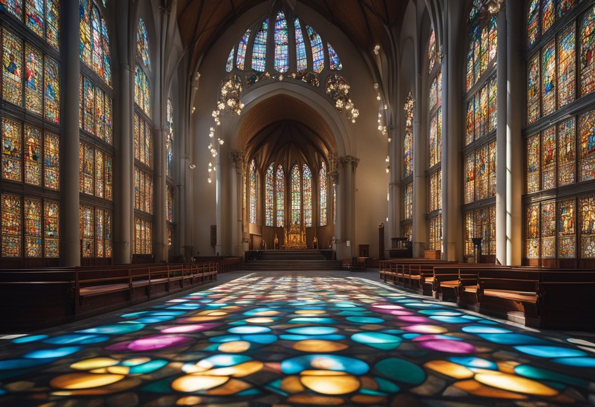 Das Sonnenlicht fällt durch die Buntglasfenster und wirft bunte Muster auf das kunstvolle Innere einer katholischen Kirche in Berlin, Deutschland