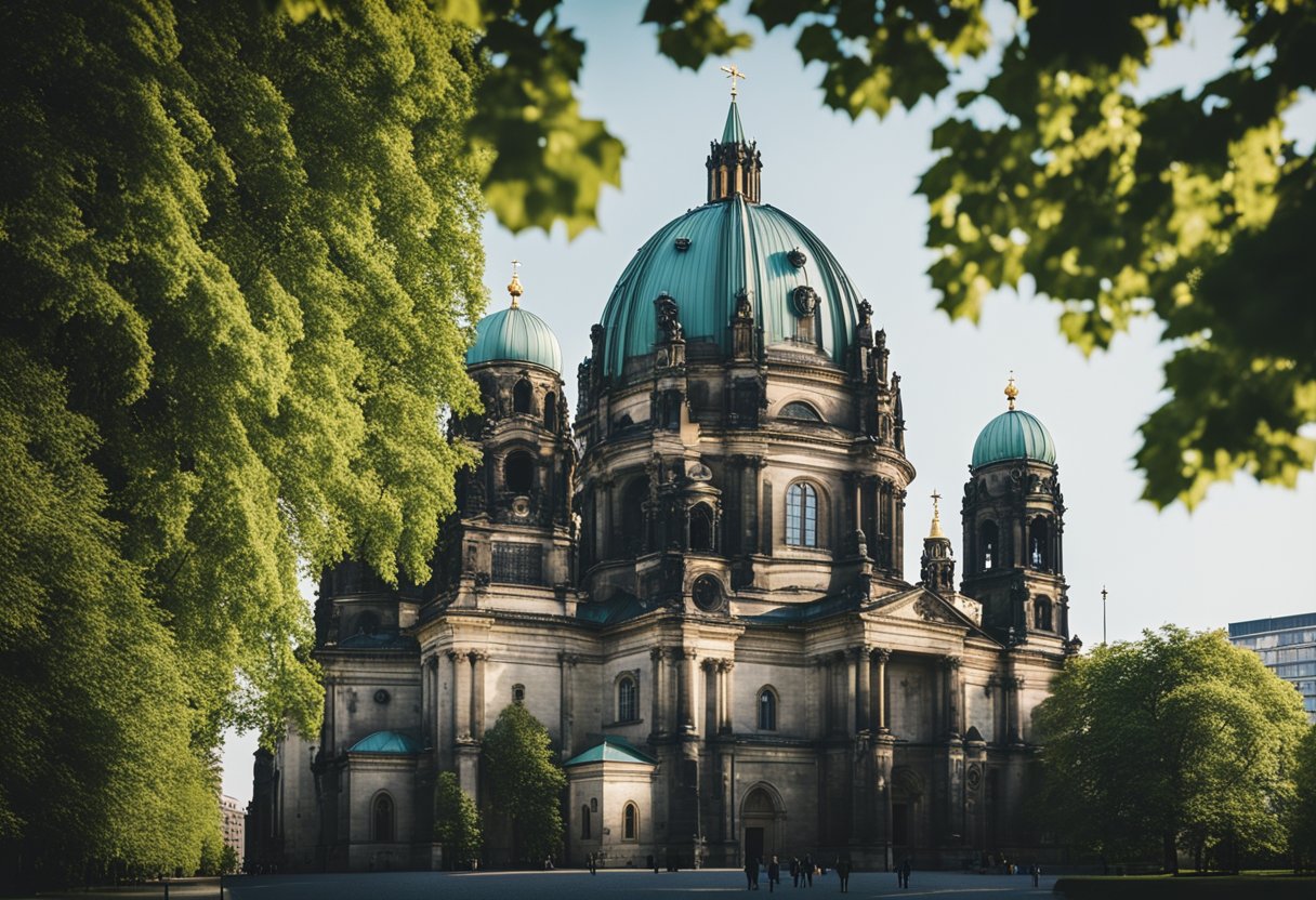 The oldest cathedral in Berlin, Germany stands tall with intricate Gothic architecture and towering spires, surrounded by lush greenery and historical significance