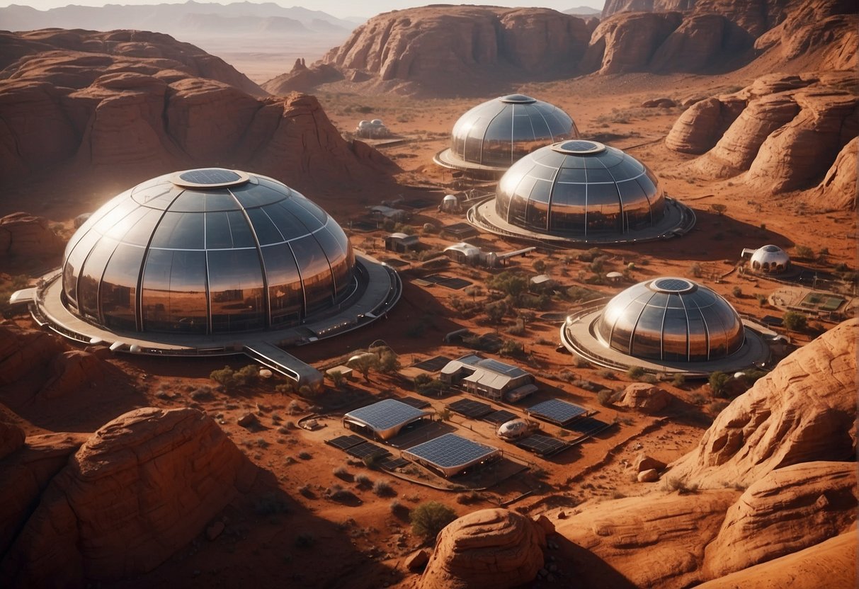 A futuristic Mars colony with domed habitats, solar panels, and a bustling human settlement surrounded by red rocky terrain