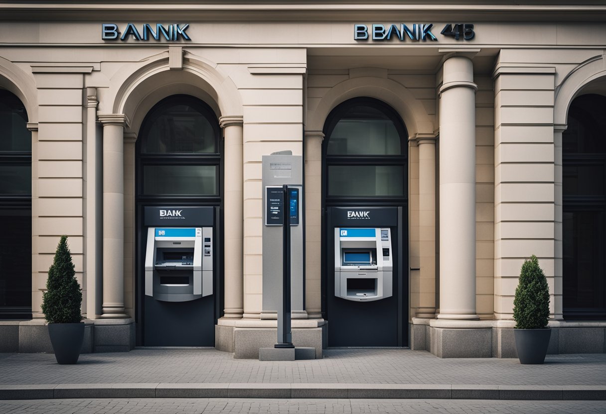 A modern bank in Berlin, Germany, showcasing various banking features and products, including ATMs, mobile banking, and investment services