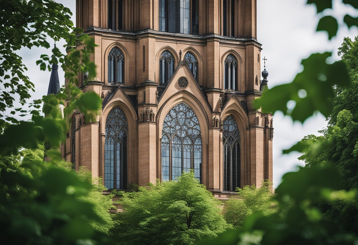 Eine große römisch-katholische Kirche in Berlin, Deutschland, mit komplizierter gotischer Architektur und hoch aufragenden Türmen, umgeben von üppigem Grün