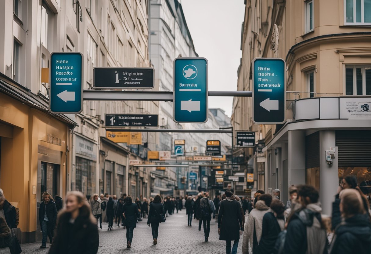 Eine belebte Berliner Straße mit Schildern für englischsprachige Arbeitsangebote
