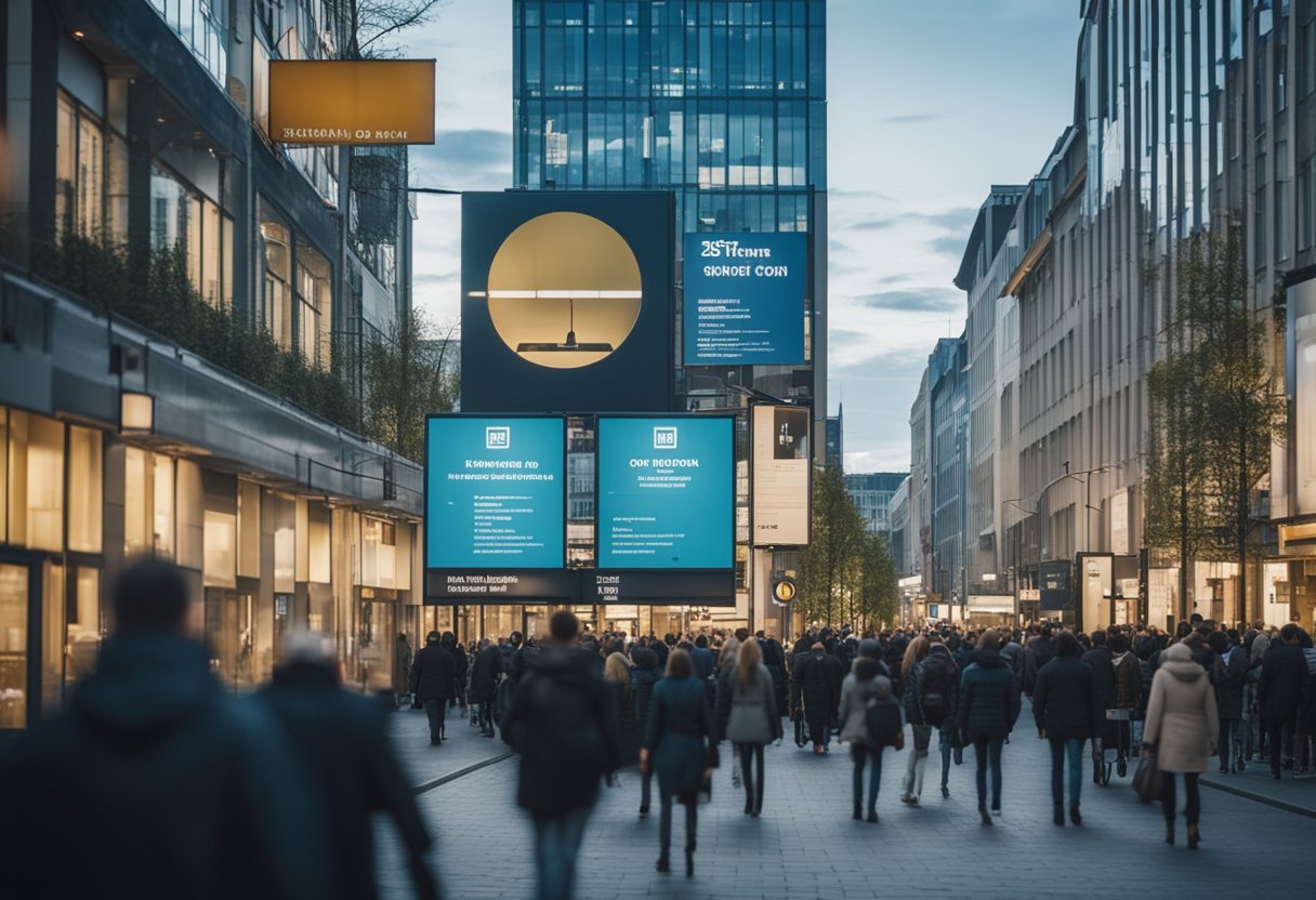 Eine belebte Berliner Straße mit Stellenausschreibungen auf pulsierenden Plakatwänden und Menschen, die Bürogebäude betreten
