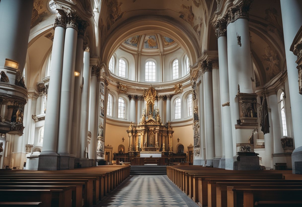 A diverse collection of architectural styles and artistic elements adorn the churches of Berlin, Germany