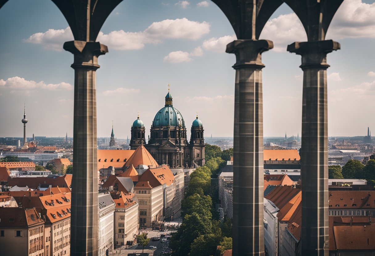 Towering spires of Berlin's major Catholic churches rise against the city skyline, their intricate architectural details and grandeur commanding attention