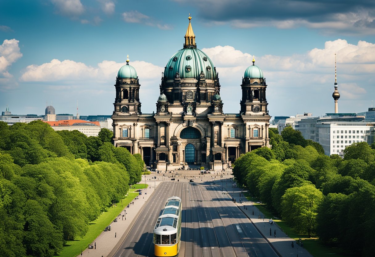 Der Berliner Dom erhebt sich hoch über dem üppigen Grün des Lustgartens in Berlin, Deutschland. Eine Straßenbahn fährt vorbei, mit der ikonischen Architektur und dem geschäftigen Stadtbild im Hintergrund