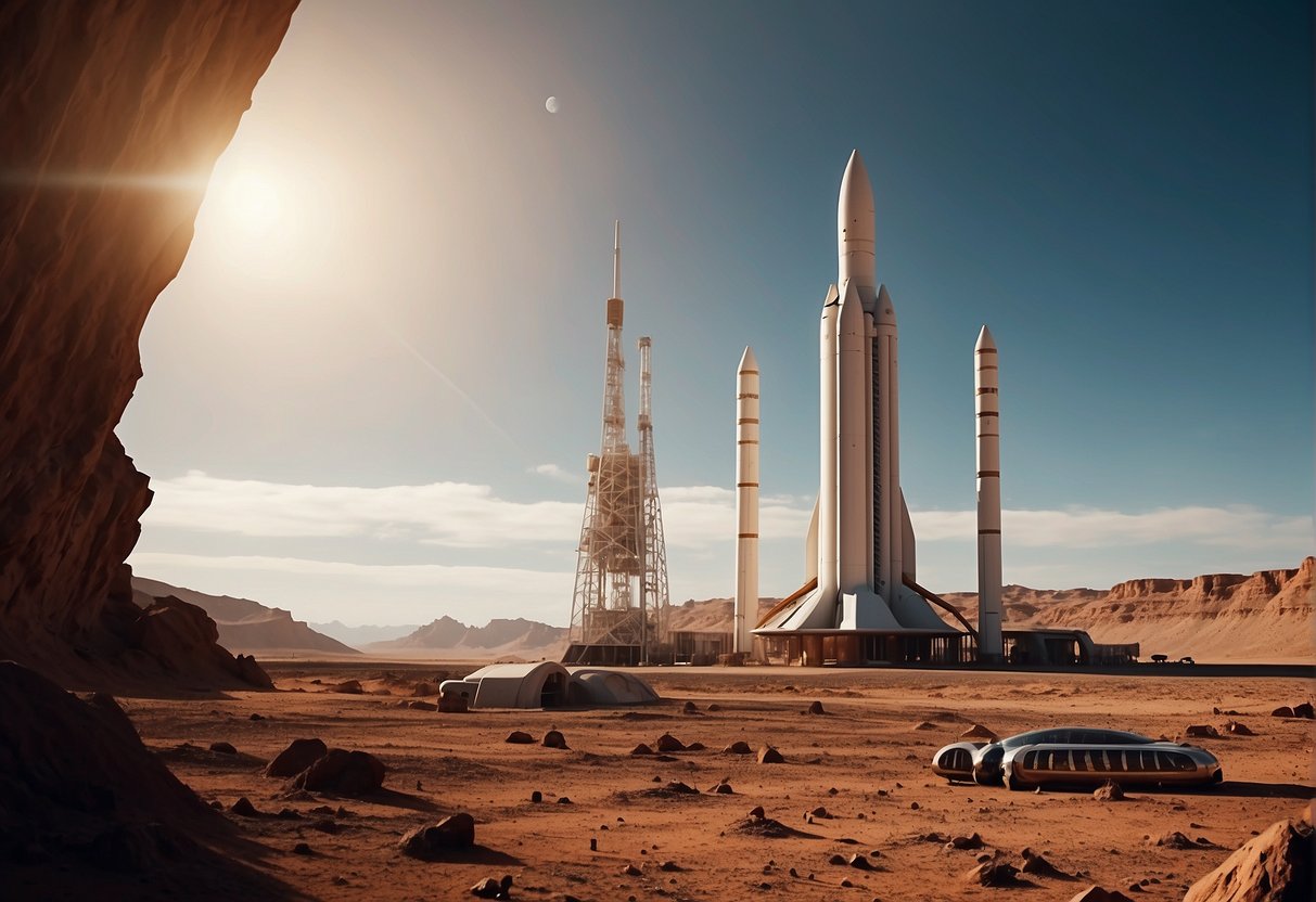 A rocket launches from Earth towards Mars, with futuristic space hotels and touristic attractions visible on the red planet's surface