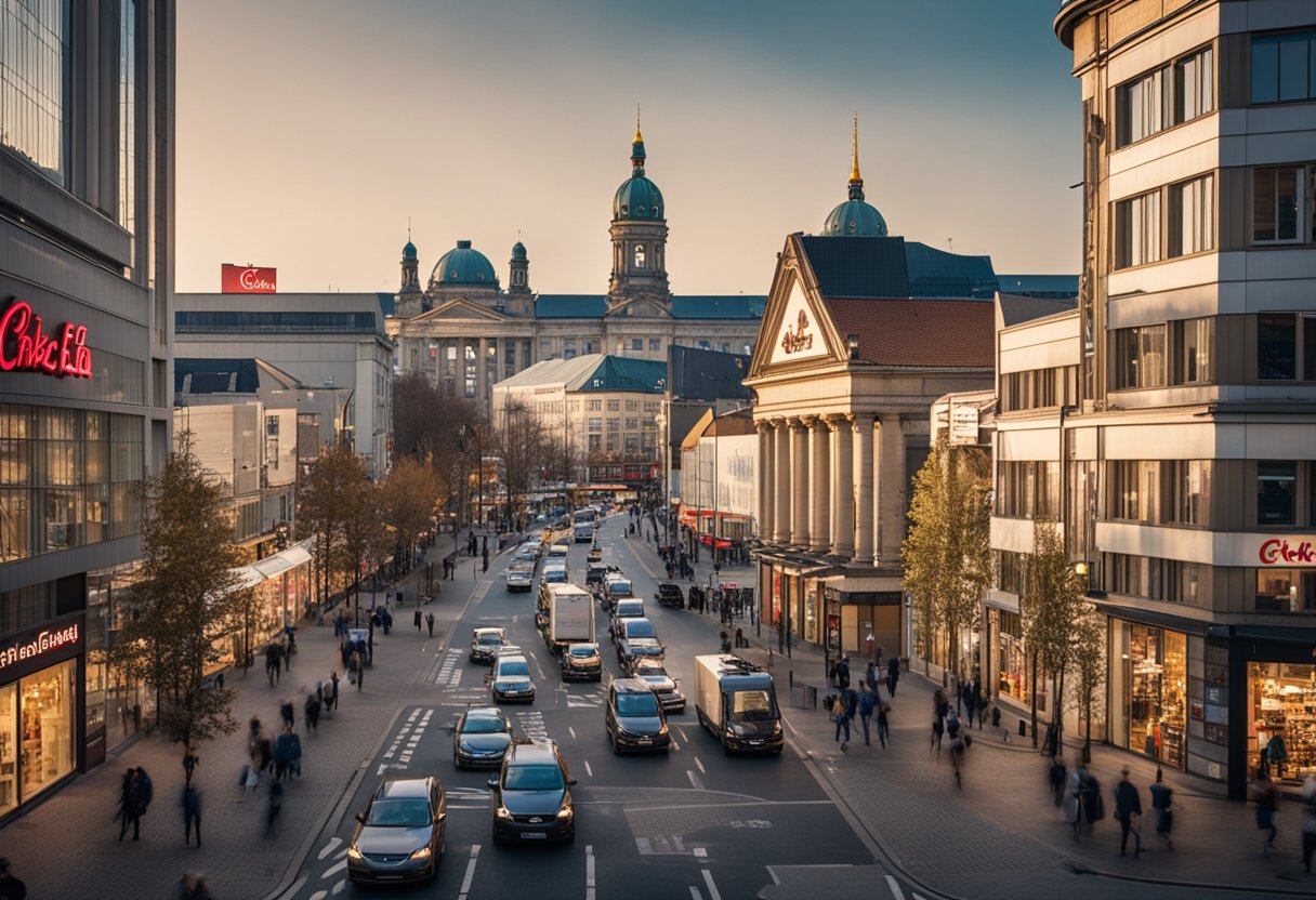 A bustling street in Berlin, with iconic landmarks in the background. A sign reading "Chick-fil-A" stands out among the diverse array of storefronts