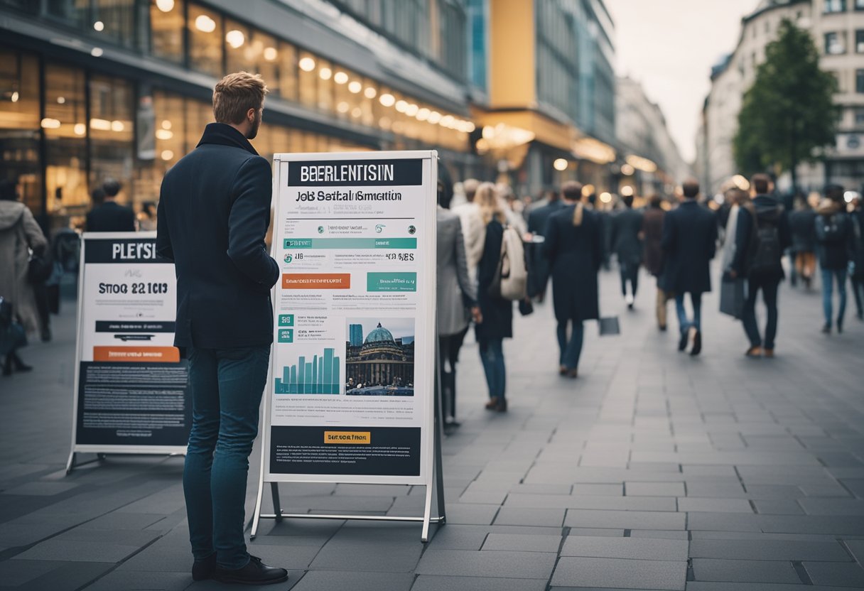 A bustling Berlin street with job search posters, people networking, and a diverse range of job opportunities advertised