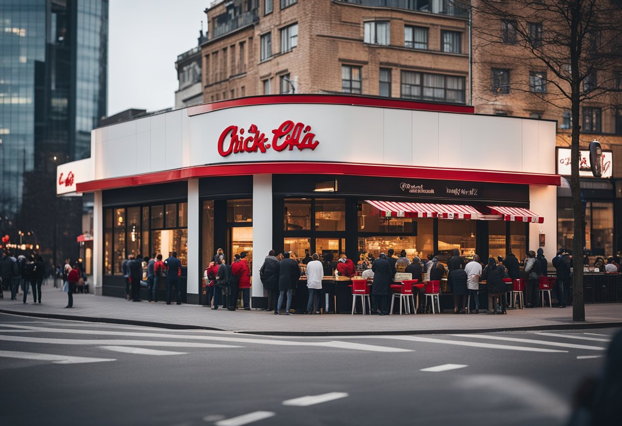Das ikonische rot-weiße Logo von Chick-fil-A sticht vor dem Hintergrund des geschäftigen Berliner Stadtbilds hervor, während die Kunden eifrig vor dem Restaurant Schlange stehen, um die berühmten Brathähnchen-Sandwiches und Waffelpommes zu probieren