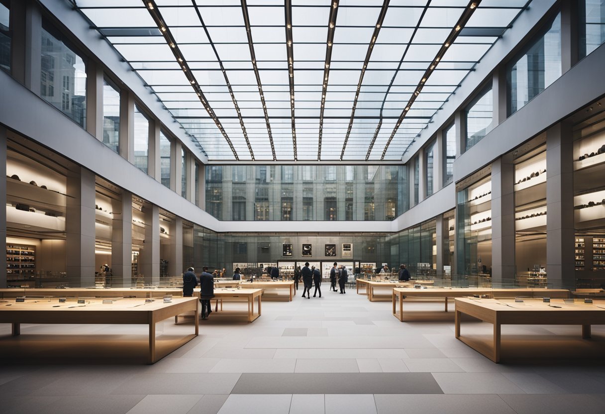 The historic Apple store in Berlin, Germany, stands tall with its iconic architecture, symbolizing the significance of technology in modern society