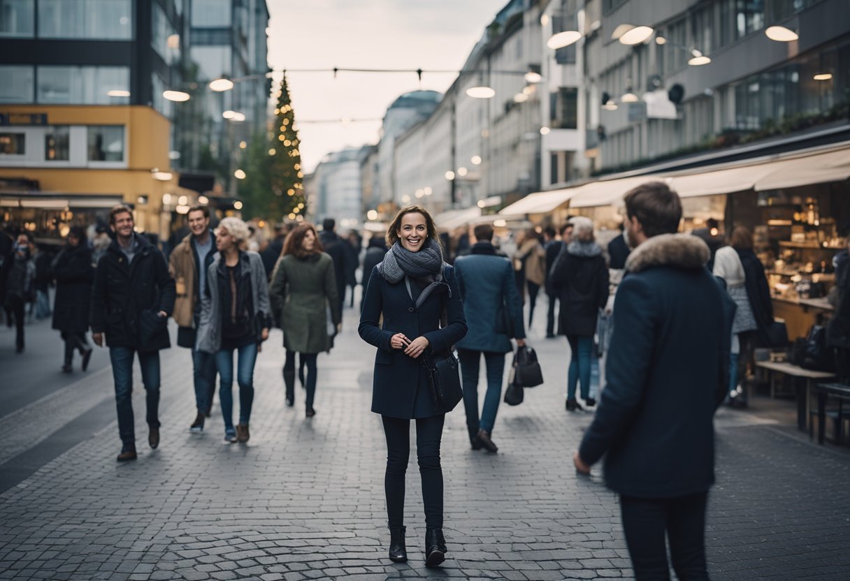 Eine belebte Berliner Straße mit Stellenausschreibungen auf Englisch, Menschen, die Kontakte knüpfen, und einer Mischung aus hoffnungsvollen und entschlossenen Gesichtern