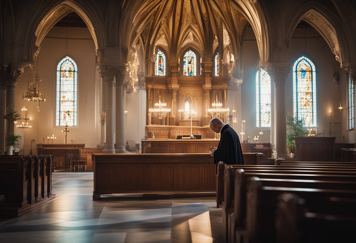 Licht fällt durch Buntglasfenster auf den verzierten Altar und die Kirchenbänke. Der Priester steht an der Kanzel und leitet die Gemeinde im Gebet an.