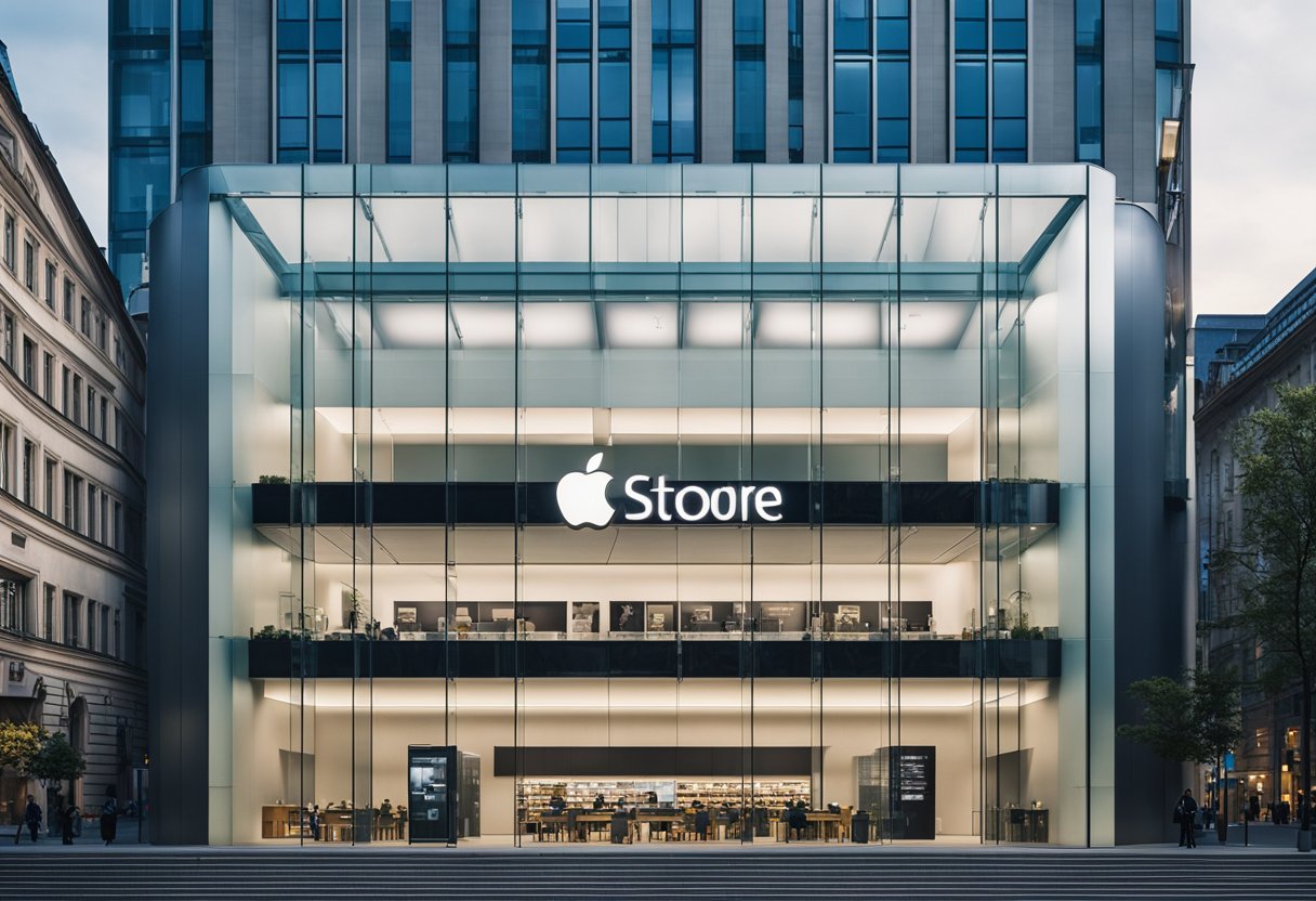 The Apple Store in Berlin, Germany, features modern architecture with sleek lines and a glass facade, set against the backdrop of the bustling city streets