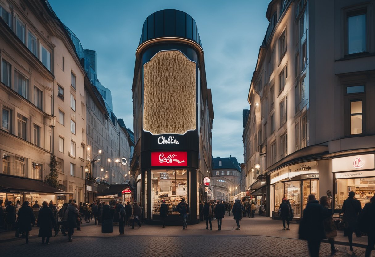 A bustling city street in Berlin, with a prominent Chick-fil-A storefront, surrounded by curious passersby and a mix of international and local signage